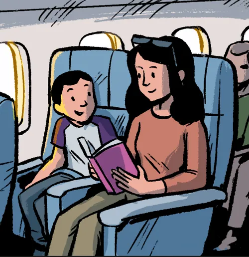 Illustration of boy and mom sitting on a plane