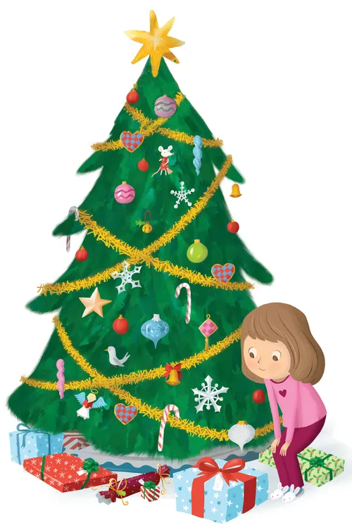Girl looking at presents under a Christmas tree