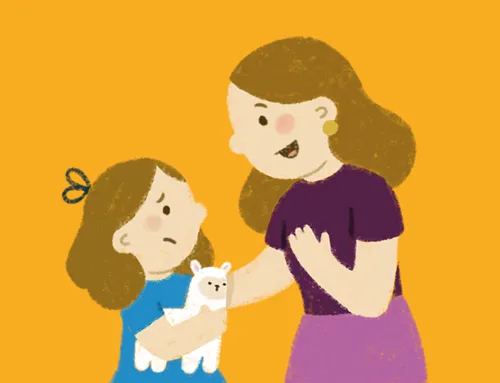 Mom smiling at sad little girl