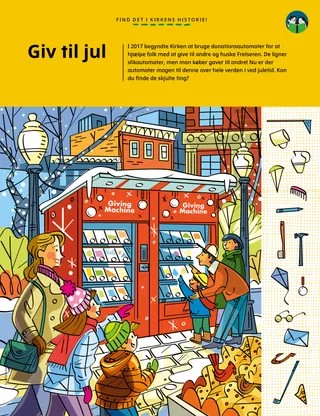PDF-side aktivitet med skjulte ting i et billede, der viser folk ved donationsautomater ved juletid