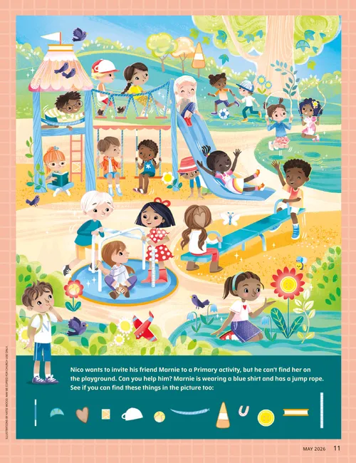 Page PDF with illustration of Jesus Christ with a woman and child, plus a find-it activity of children on a playground