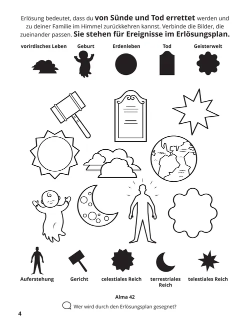 PDF/Ausmalbild: Symbole für den Erlösungsplan und eine Aktivität, bei der zueinander passende Bilder gefunden werden müssen