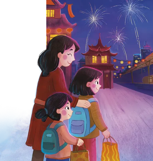 Illustration of two girls wearing backpacks with their mom