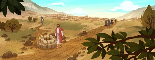 Jesus stopping at a well to get water.