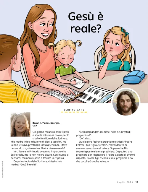 Pagina PDF raffigurante una bambina seduta a un tavolo insieme alla mamma, alla sorella minore e al fratello maggiore