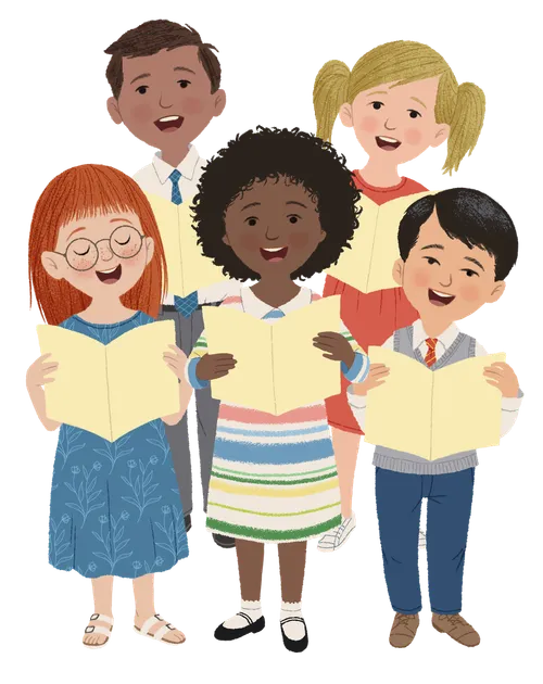 Children singing and holding music folders