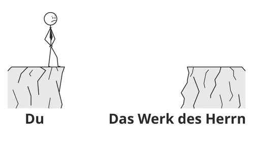 Strichmännchen auf einem Felsvorsprung mit einer Felsspalte zwischen dem Strichmännchen und der anderen Seite, beschriftet mit „Das Werk des Herrn“