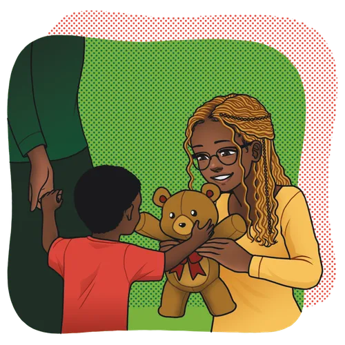 young woman giving a teddy bear to a boy