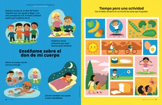 Página en PDF con una actividad que muestra alimentos saludables y actividades físicas
