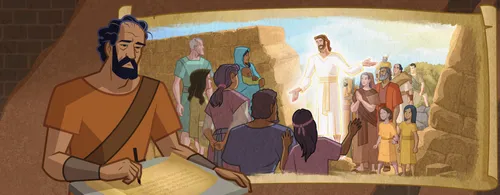 Jesus with people gathered all around Him.