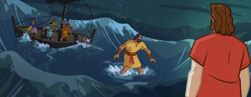 Peter becomes frightened and starts to sink.