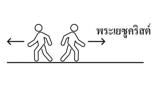 รูปคนสองคน คนหนึ่งเดินออกห่างจากพระเยซูคริสต์และอีกคนเดินตรงมาหาพระองค์