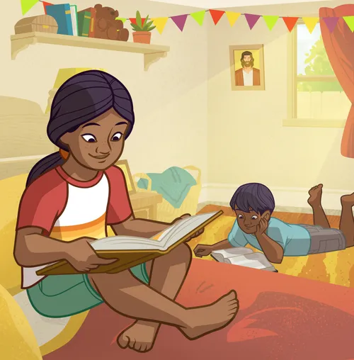 Two modern children reading the New Testament.