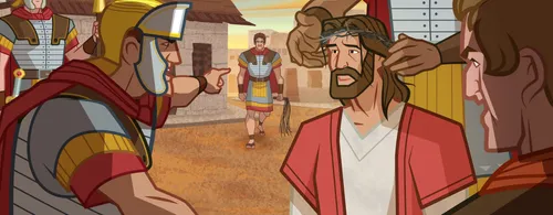 Soldiers put a crown of thorns on Jesus’s head.