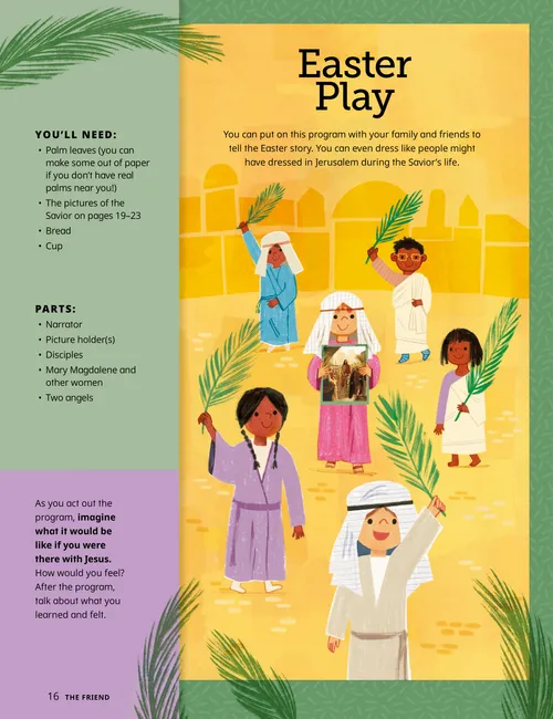 Page PDF with illustration of children dressed in Biblical clothing and holding palm leaves