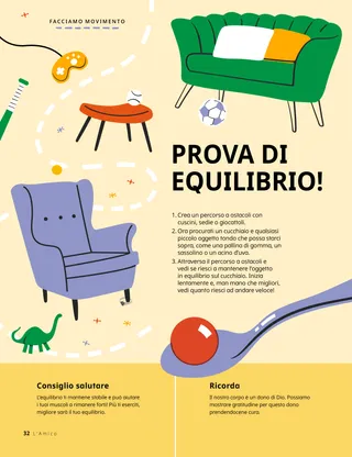 Pagina PDF di un cucchiaio con sopra una pallina e di un percorso a ostacoli attraverso l’arredamento