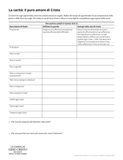 Scheda Carità: il puro amore di Cristo