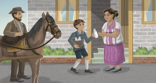 Boy handing milk bottles to woman