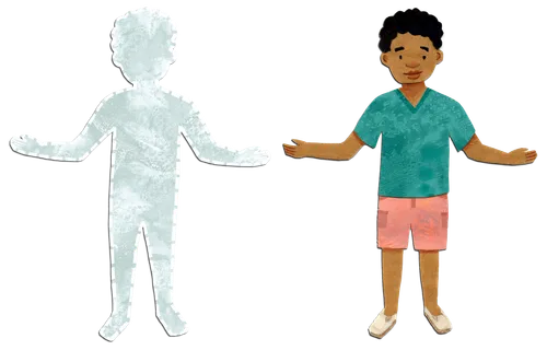 A boy standing next to an outline of his body