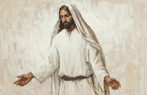 Jesus Christ in white robes with His hands extended