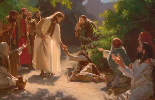 Christ reaching out to man on ground
