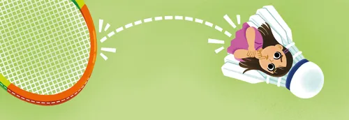 Illustration of a badminton racket hitting a shuttlecock superimposed with an image of a confused girl