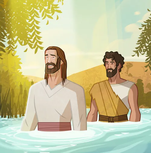 Jesus is baptized. The Holy Ghost descends.