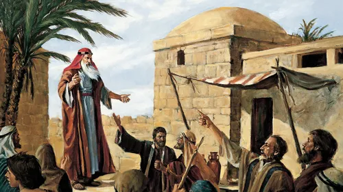 Lehi standing in front of and teaching a group of people