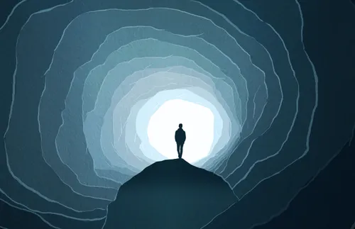 an illustration of a figure standing in a tunnel and looking toward light