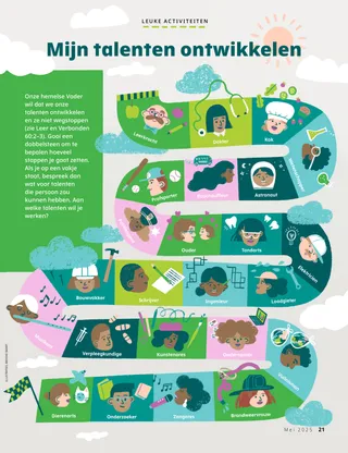 Pdf met activiteit met een pad met afbeeldingen van mensen met verschillende beroepen op elk vakje