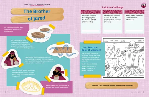 Article PDF with images of the brother of Jared, barges, and glowing stones, plus activities about the brother of Jared