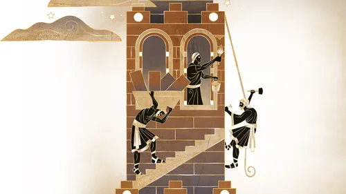 A tall tower with men climbing up it with a rope and stairs. Other men are standing in the the windows and on top.