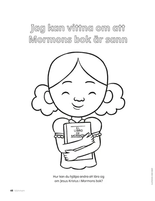 färgläggningssida med flicka som kramar Mormons bok