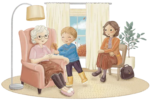 Woman and boy visiting an older woman in a nursing home