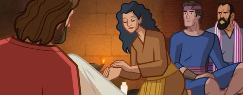 The woman washes Jesus’s feet.