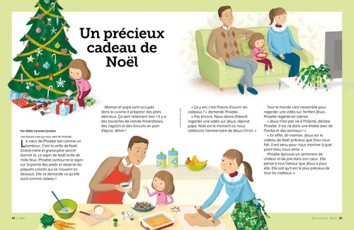 Page PDF avec des illustrations représentant une fillette regardant des cadeaux sous un sapin de Noël, la fillette et ses parents travaillant ensemble dans la cuisine, et la fillette et ses parents assis ensemble devant la télévision