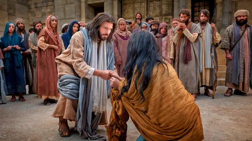 a woman watching as Jesus draws in the sand