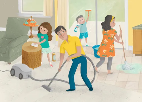 Family working together to clean their house
