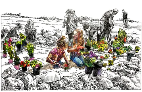 illustration of people working in a garden