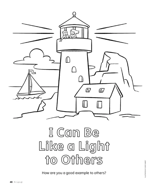 Coloring page of a lighthouse on a coastline with a sailboat on the water