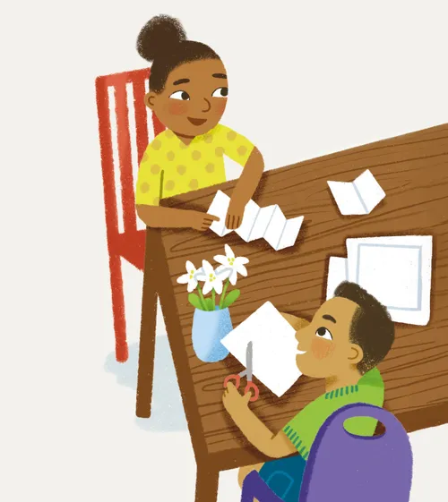 Illustration of kids doing crafts with paper at a table