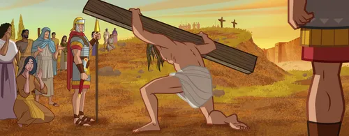 Jesus carries a heavy wooden cross.