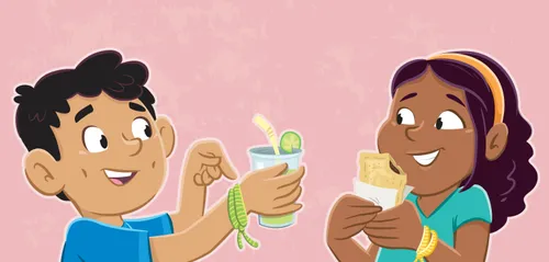 Margo and Paolo looking at their bracelets