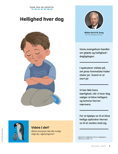 PDF-side med illustration af en dreng, der knæler for at bede; samt en illustration af en voksen- og babypingvin