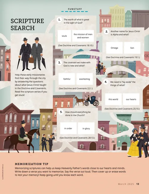 Page PDF of a scripture search activity with a scene of people in a city in the mid-1800s