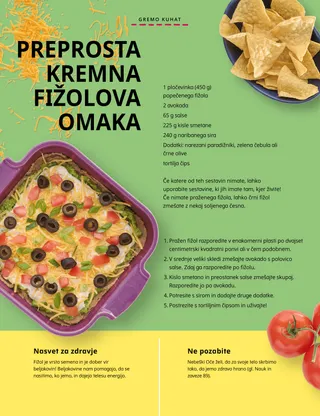 Stran v PDF-ju sklede s tortiljnim čipsom, skleda s fižolovo omako in paradižnik