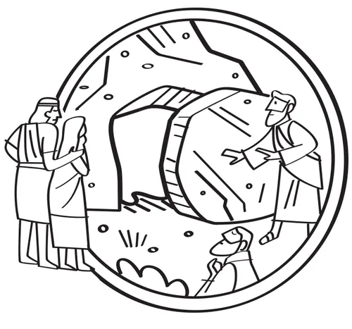 Illustration au trait représentant des personnes près du tombeau