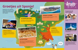 Illustratie van een kaart van Spanje met bezienswaardigheden, een gitaar, een flamencodanseres en een tempel