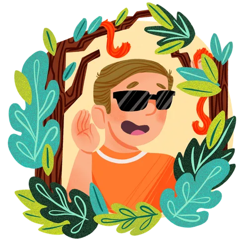 Boy with sunglasses smiling while he cups his ear