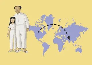 Man and girl in white clothes with a world map behind them